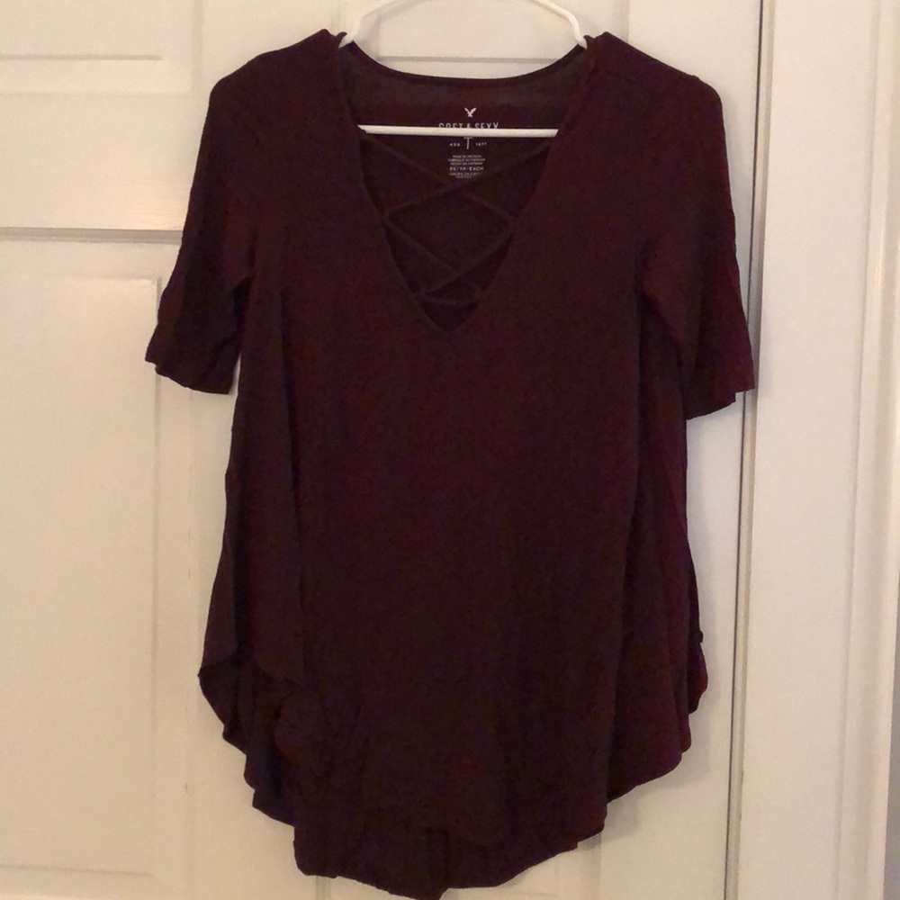 American Eagle Maroon Criss Cross shirt